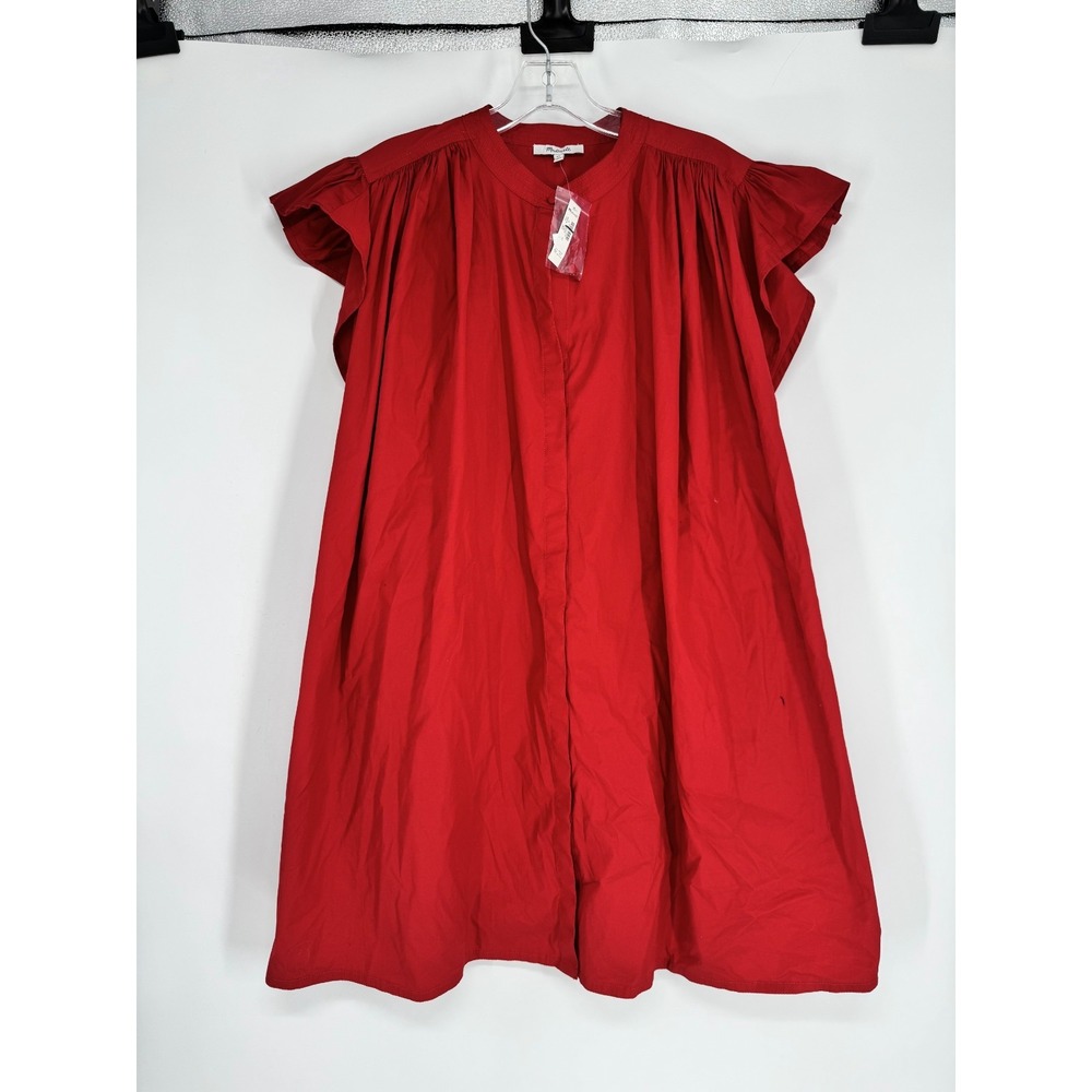 Madewell Flutter Sleeve Mini Dress Womens Size XL Red Poplin Cotton Button Front